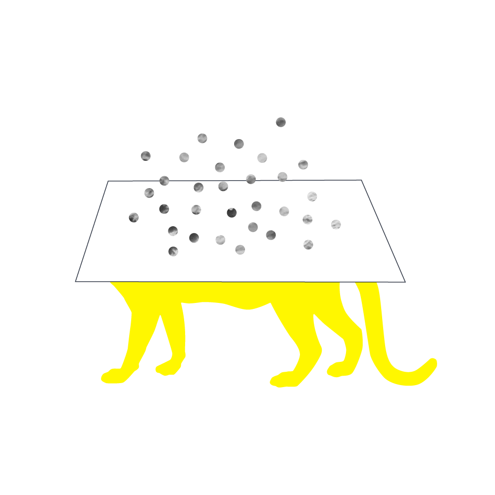illustration of the lower half of a leopard in yellow with a horizontal plane above it with drifting gray spots above